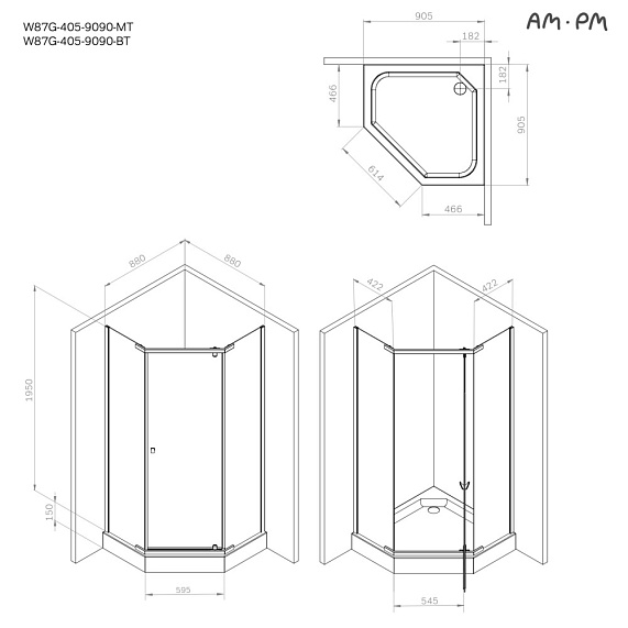 Душевое ограждение без поддона 90x90 AM.PM Sunny W87G-405-9090-BT профиль черный матовый-8