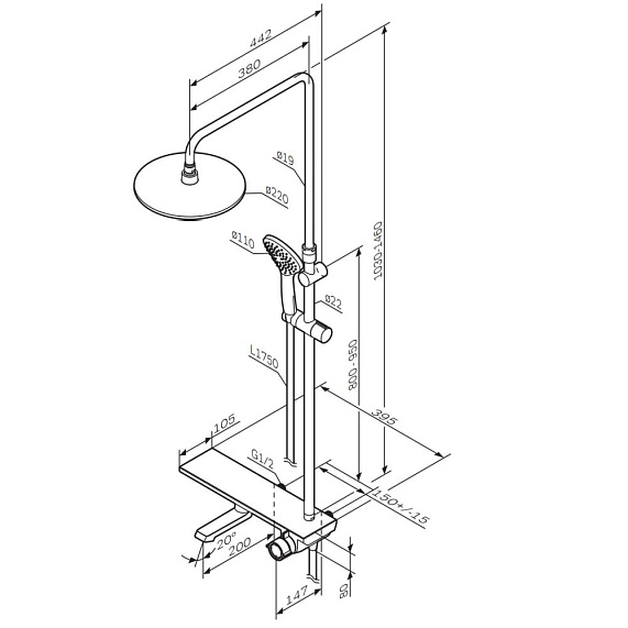 Душевая система AM.PM Gem F0790722 стойка с тропическим душем, смесителем, изливом, черный-8