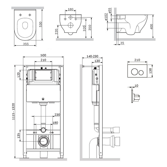 Унитаз подвесной безободковый с инсталляцией AM.PM Like IS49051.801701 сиденьем микролифт, хром пневм. клавишей-5