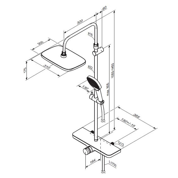 Душевая система Damixa Merkur 940730300 стойка с тропическим душем, смесителем, черная матовая-6
