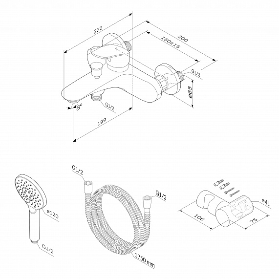 Смеситель для ванны и душа AM.PM Like F8015000 душевая лейка, шланг 1750, хром-9