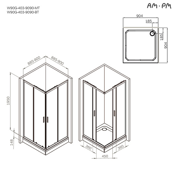 Душевое ограждение без поддона 90x90 AM.PM Gem W90G-403-9090MT профиль серебристый-9