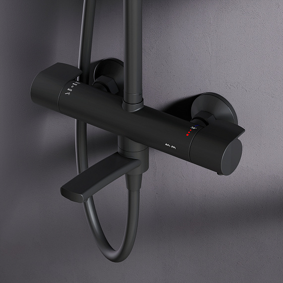 Душевая система AM.PM X-Joy F0785A522 стойка с тропическим душем, термостатом, смесителем, изливом, черная матовая-2
