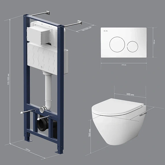 Унитаз подвесной безободковый с инсталляцией AM.PM Spirit 2.0 IS49001.701700 сиденьем микролифт, белой пневм. клавишей-9